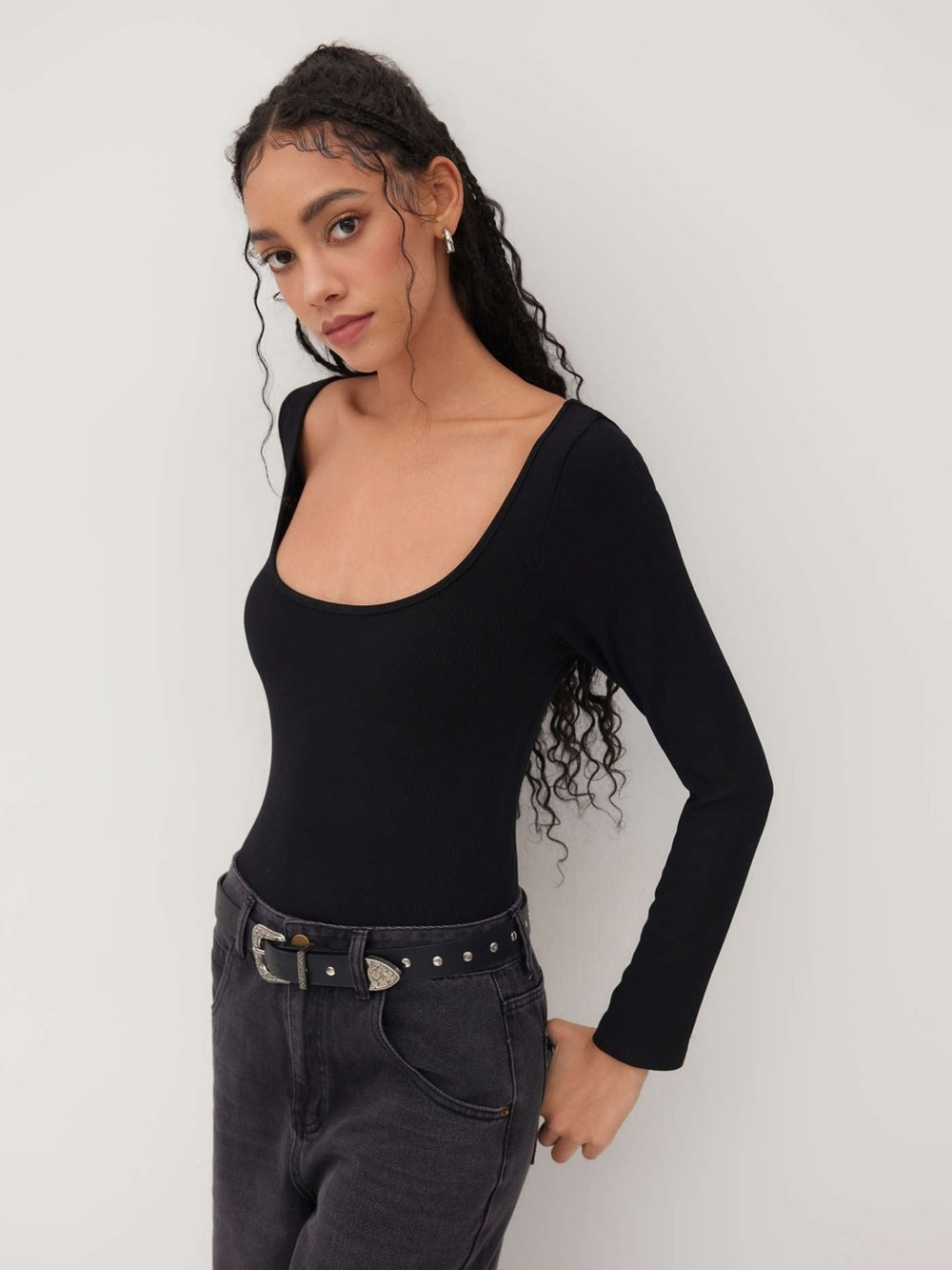 Cider Black Scoop-Neck Long Sleeve Bodysuit- Size S